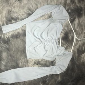 blue off the shoulder long sleeve